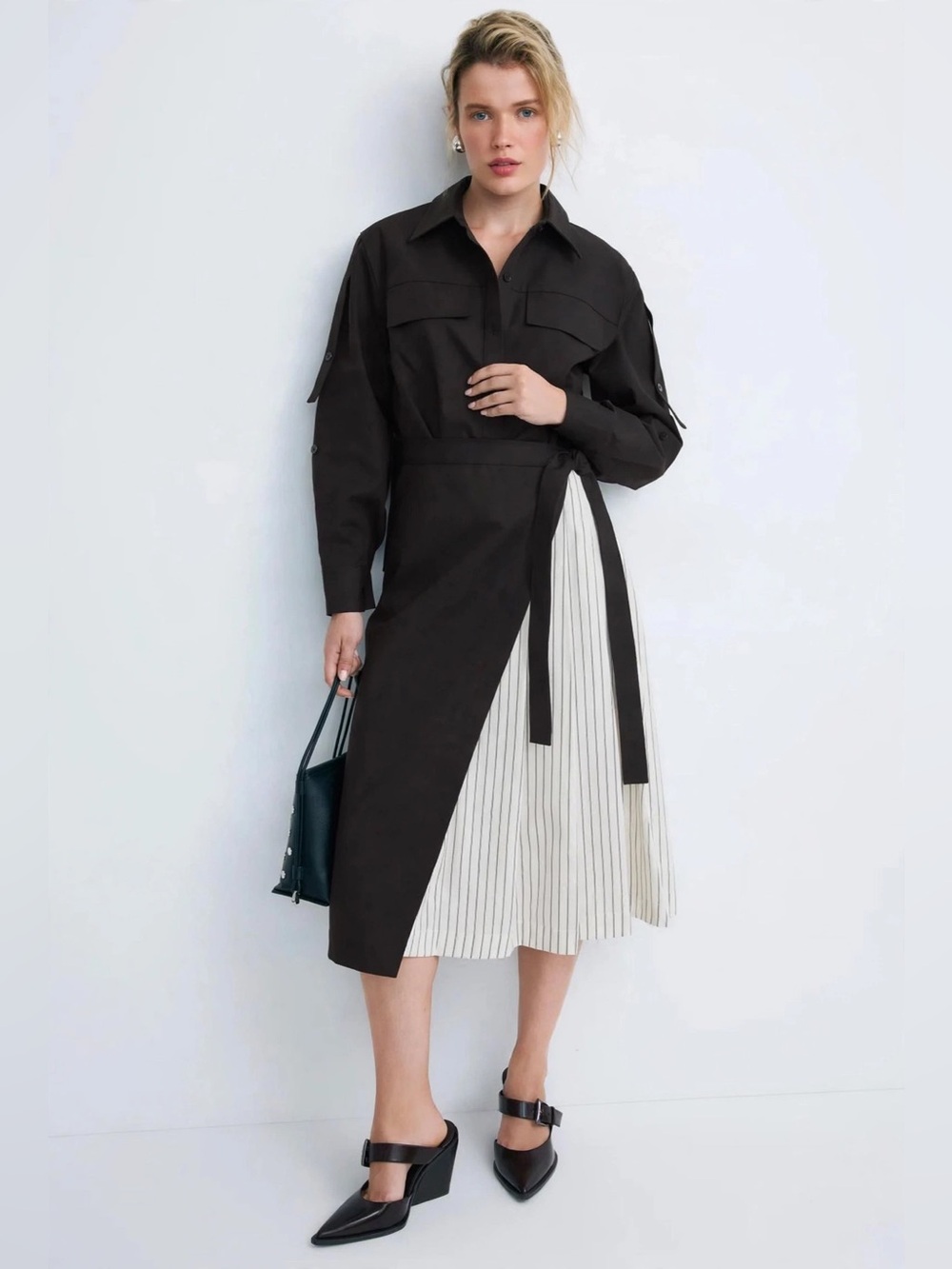 3.1 Phillip Lim Wrap Shirt Dress Pleated Wrap Midi Skirt - Black & White Sz 2